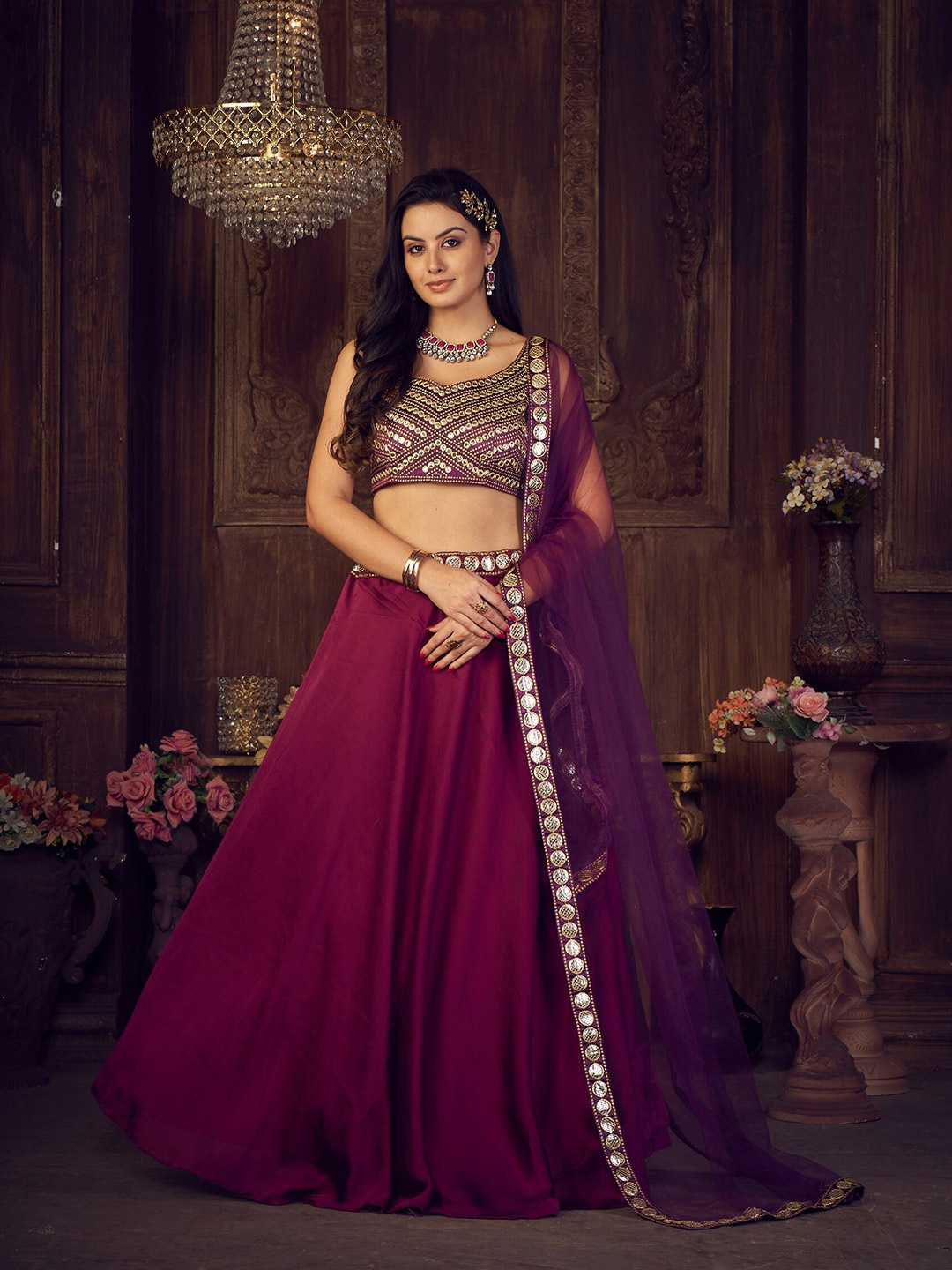

Atsevam Purple & Gold-Toned Embroidered Semi-Stitched Lehenga Choli