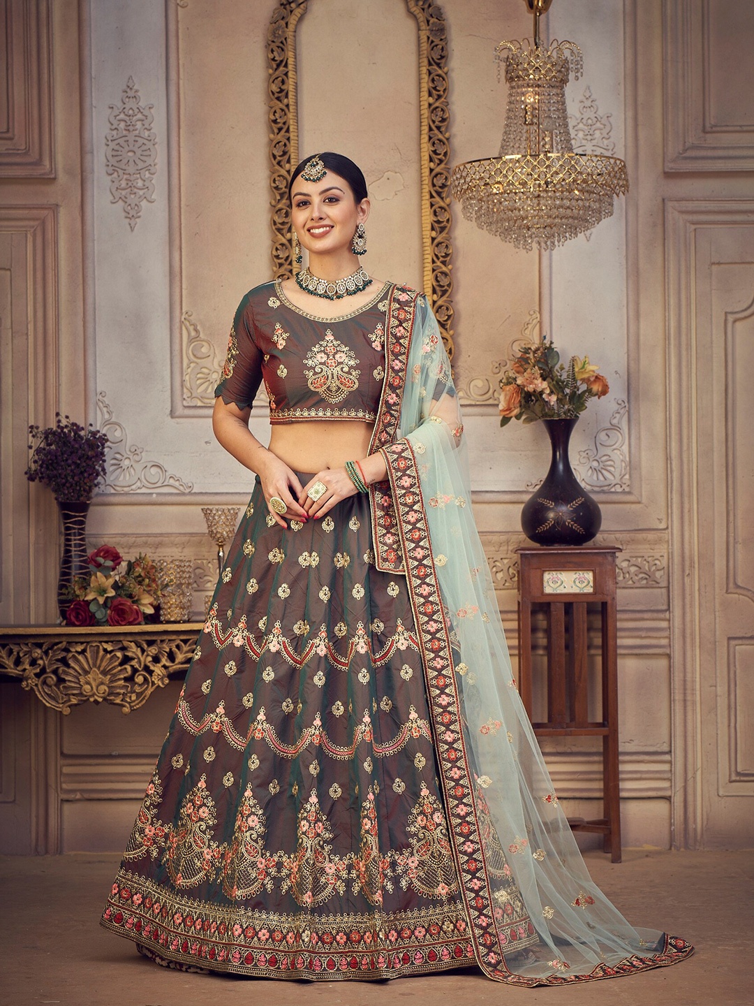 

Atsevam Turquoise Blue & Gold-Toned Embroidered Tie and Dye Semi-Stitched Lehenga & Unstitched Blouse With