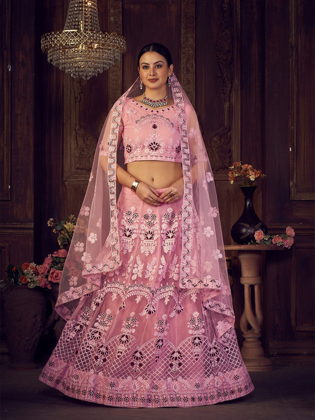 

Atsevam Pink & Silver-Toned Embroidered Thread Work Tie and Dye Semi-Stitched Lehenga & Unstitched Blouse