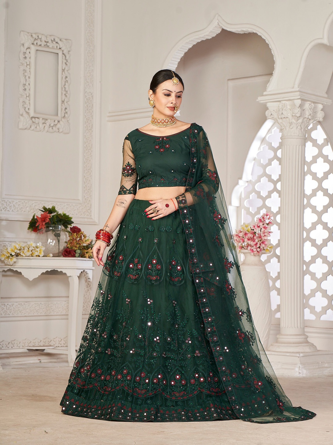 

Atsevam Green & Red Embroidered Thread Work Tie and Dye Semi-Stitched Lehenga & Unstitched Blouse With