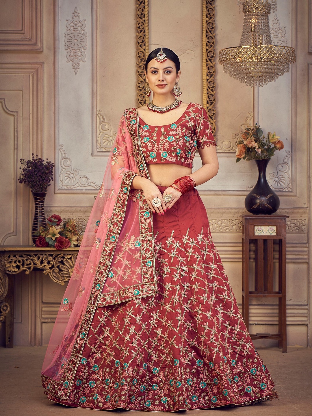 

Atsevam Maroon & Pink Embroidered Semi-Stitched Lehenga Choli