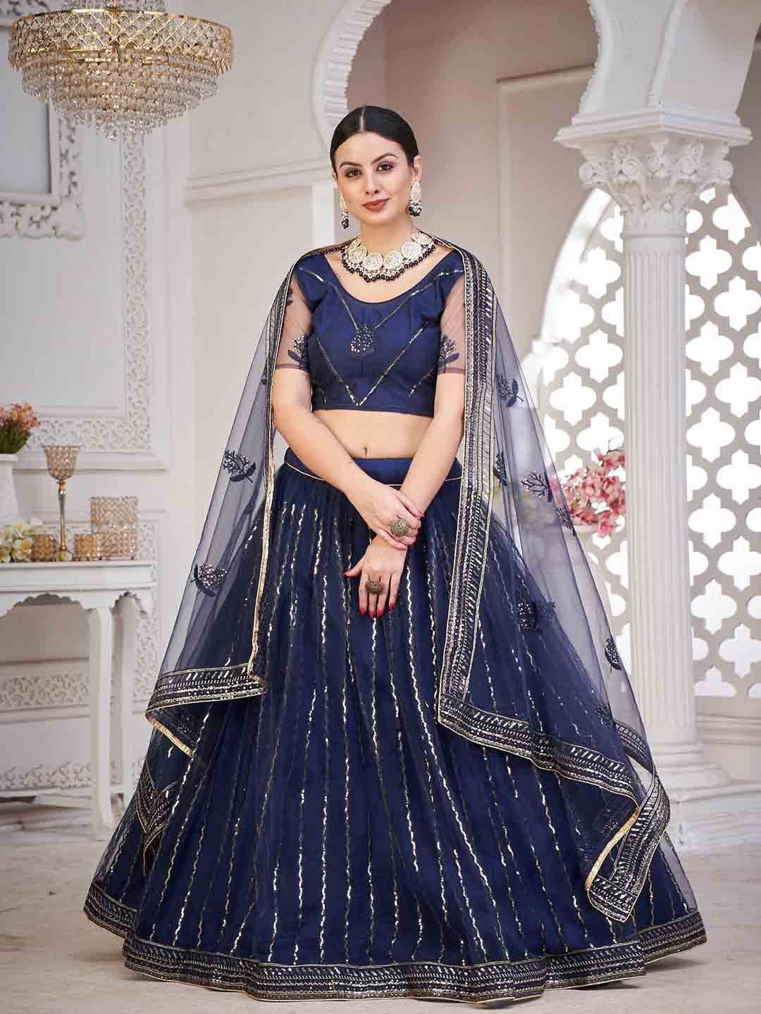 

Atsevam Navy Blue & Gold-Toned Embellished Sequinned Semi-Stitched Lehenga Choli