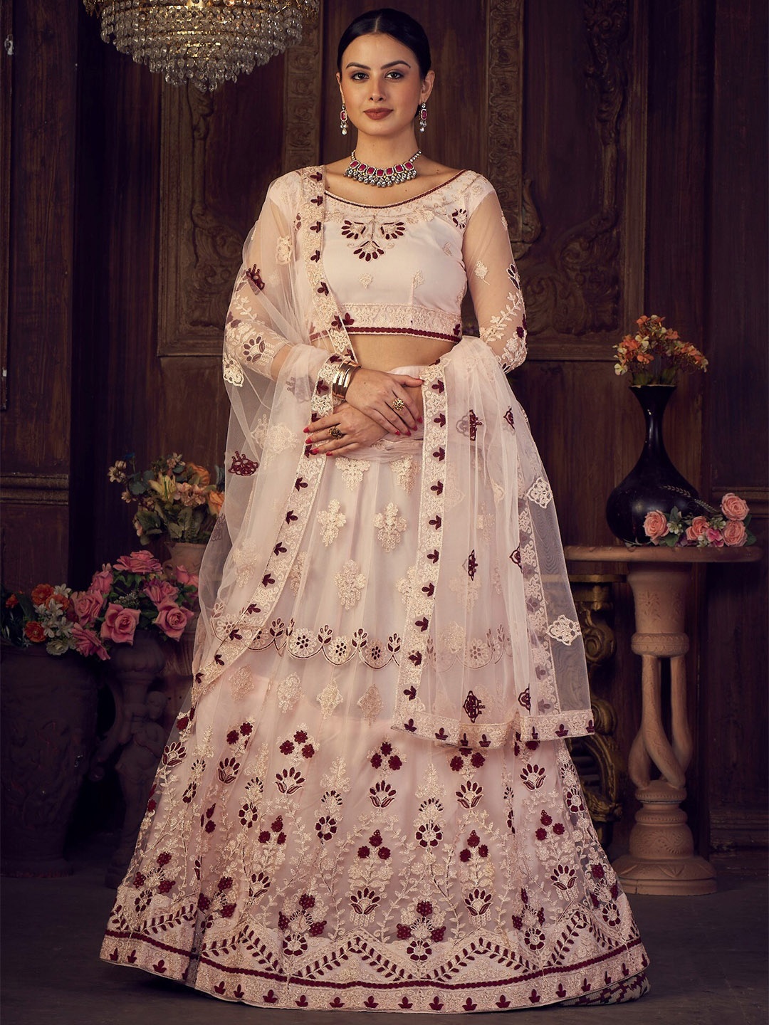

Atsevam Pink & Maroon Embroidered Semi-Stitched Lehenga Choli