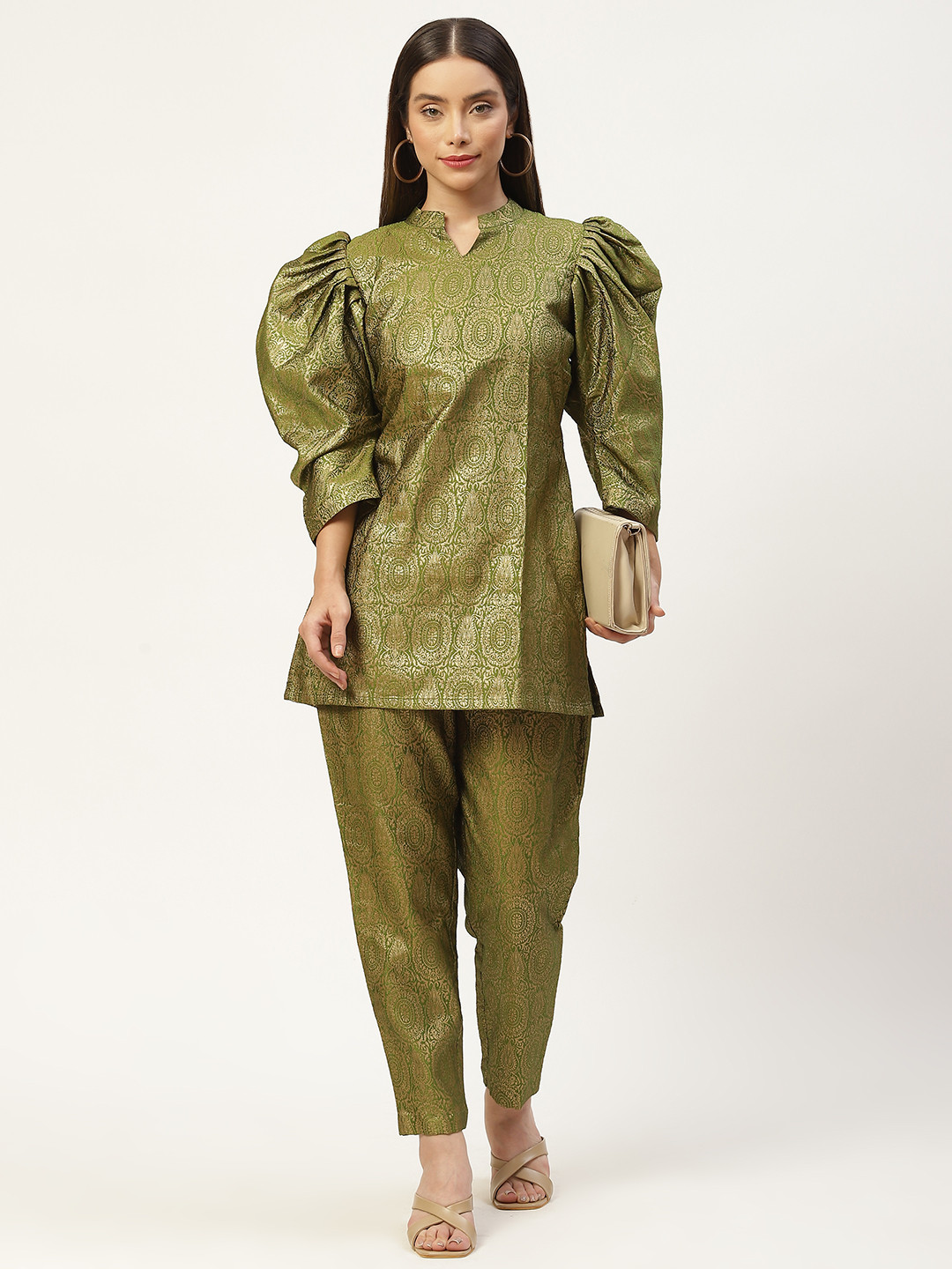 

Saanjh Women Olive Green & Golden Woven Design Co-ords Set