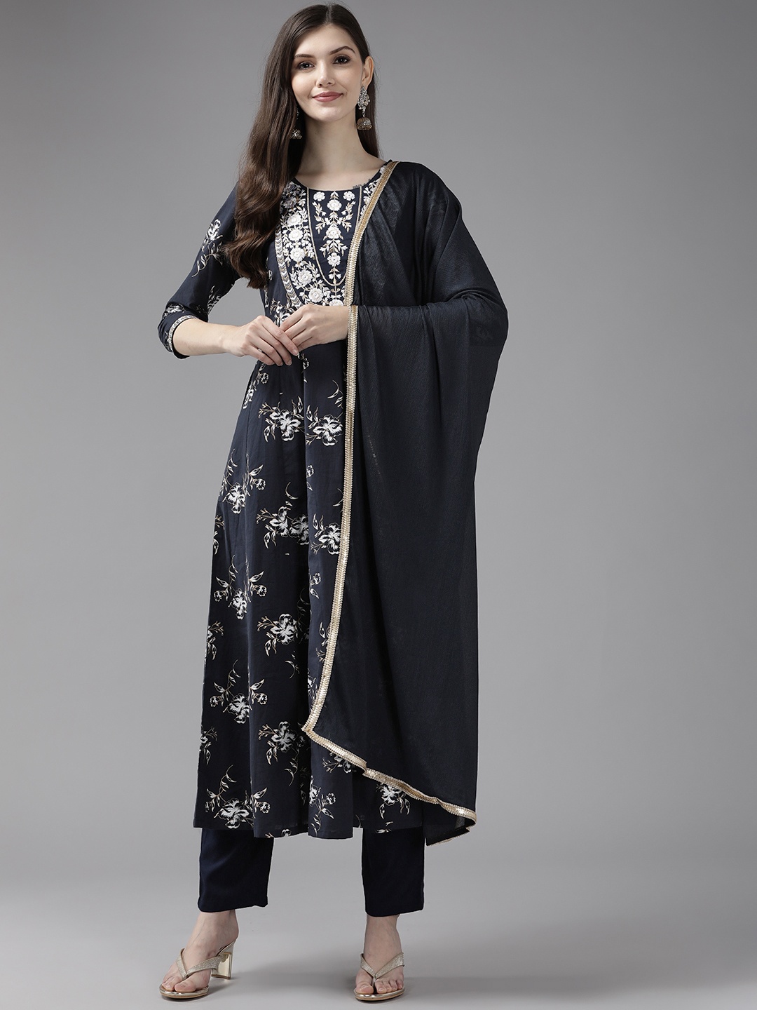 

Yufta Women Navy Blue Floral Embroidered Pure Cotton Kurta with Palazzos & With Dupatta