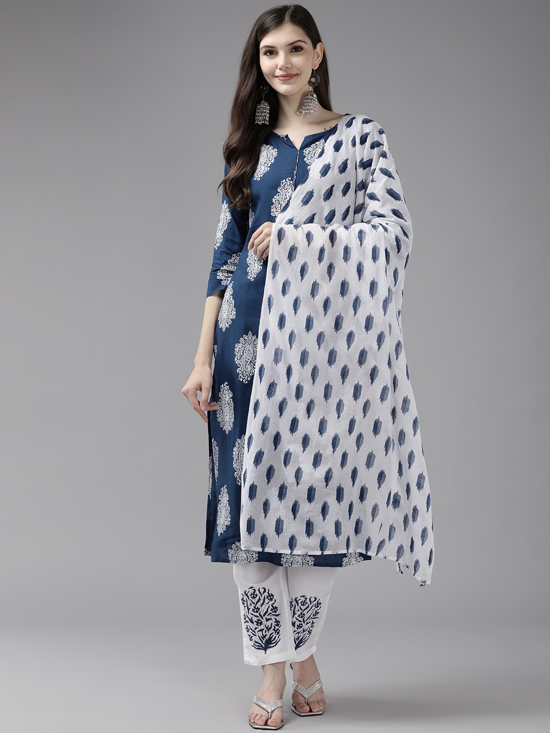 

Yufta Women Blue Printed Pure Cotton Kurta with Palazzos & With Dupatta