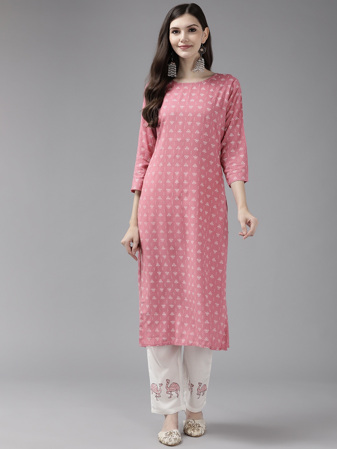 

Yufta Women Pink & White Ethnic Motifs Printed Kurta with Palazzos