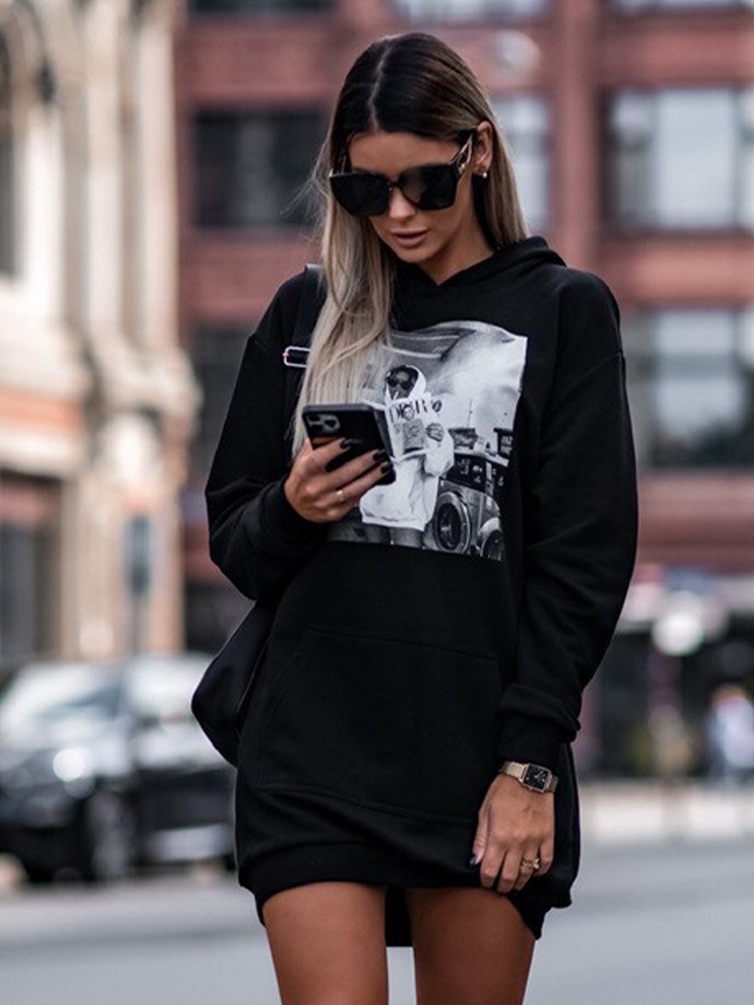

BoStreet Women Black & White Printed Longline Pullover with Embroidered Detail