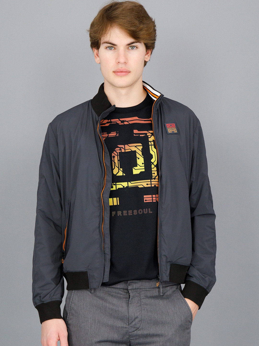 

FREESOUL Men Grey Crop Bomber Jacket