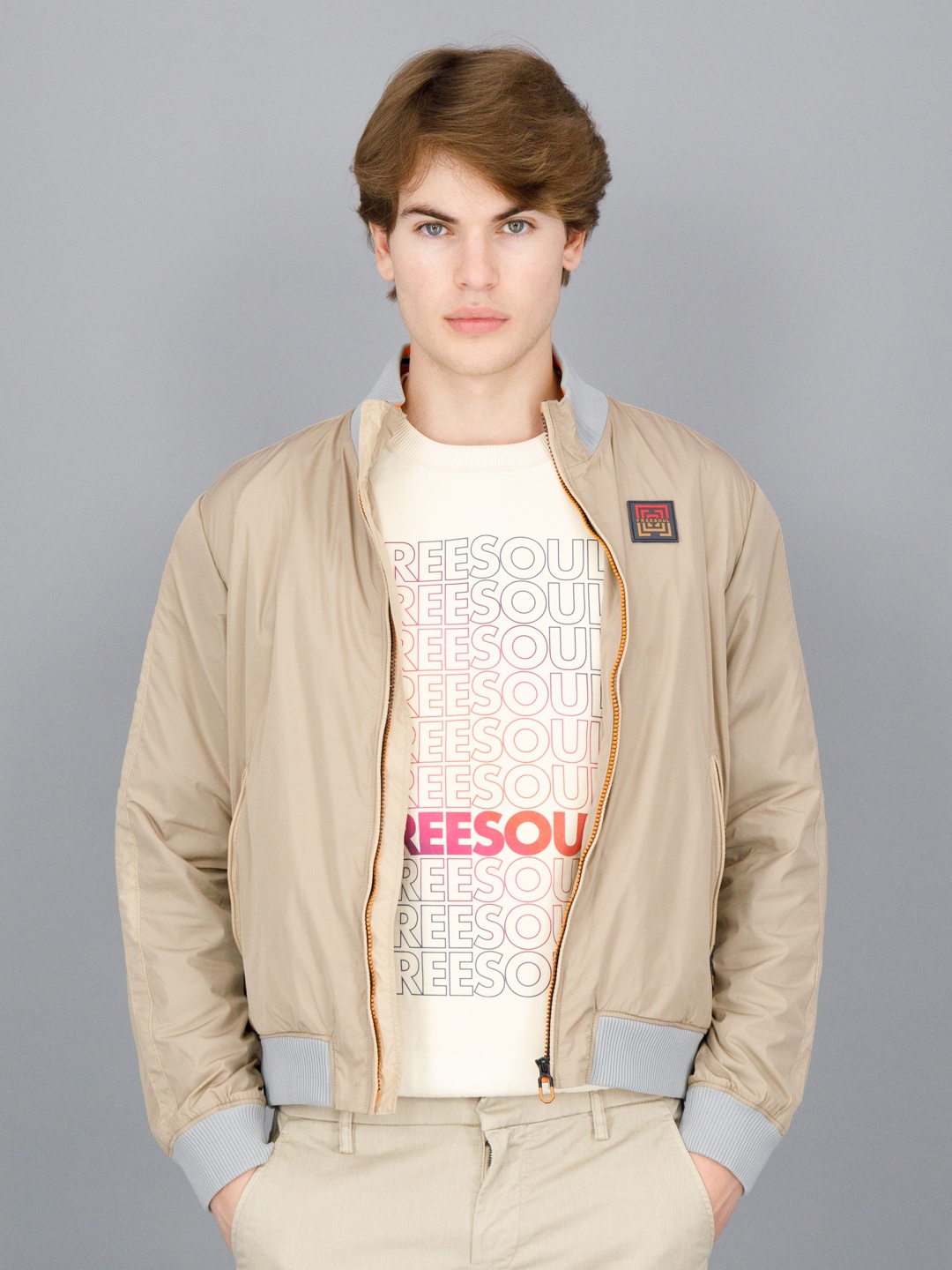 

FREESOUL Men Beige Solid Bomber Jacket