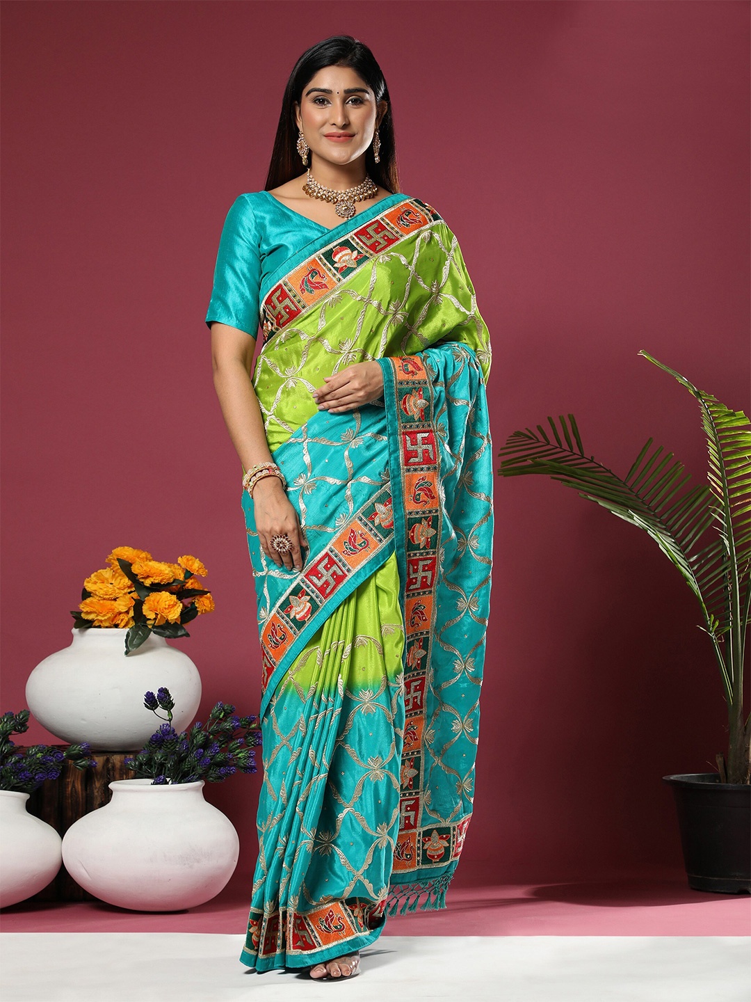 

ASPORA Green & Blue Ethnic Motifs Embroidered Silk Blend Heavy Work Patola Saree