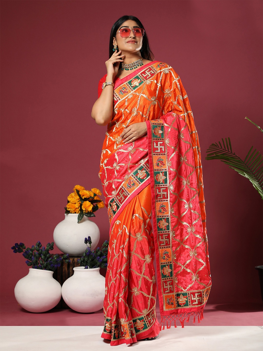 

ASPORA Orange & Pink Ethnic Motifs Zari Silk Blend Heavy Work Patola Saree