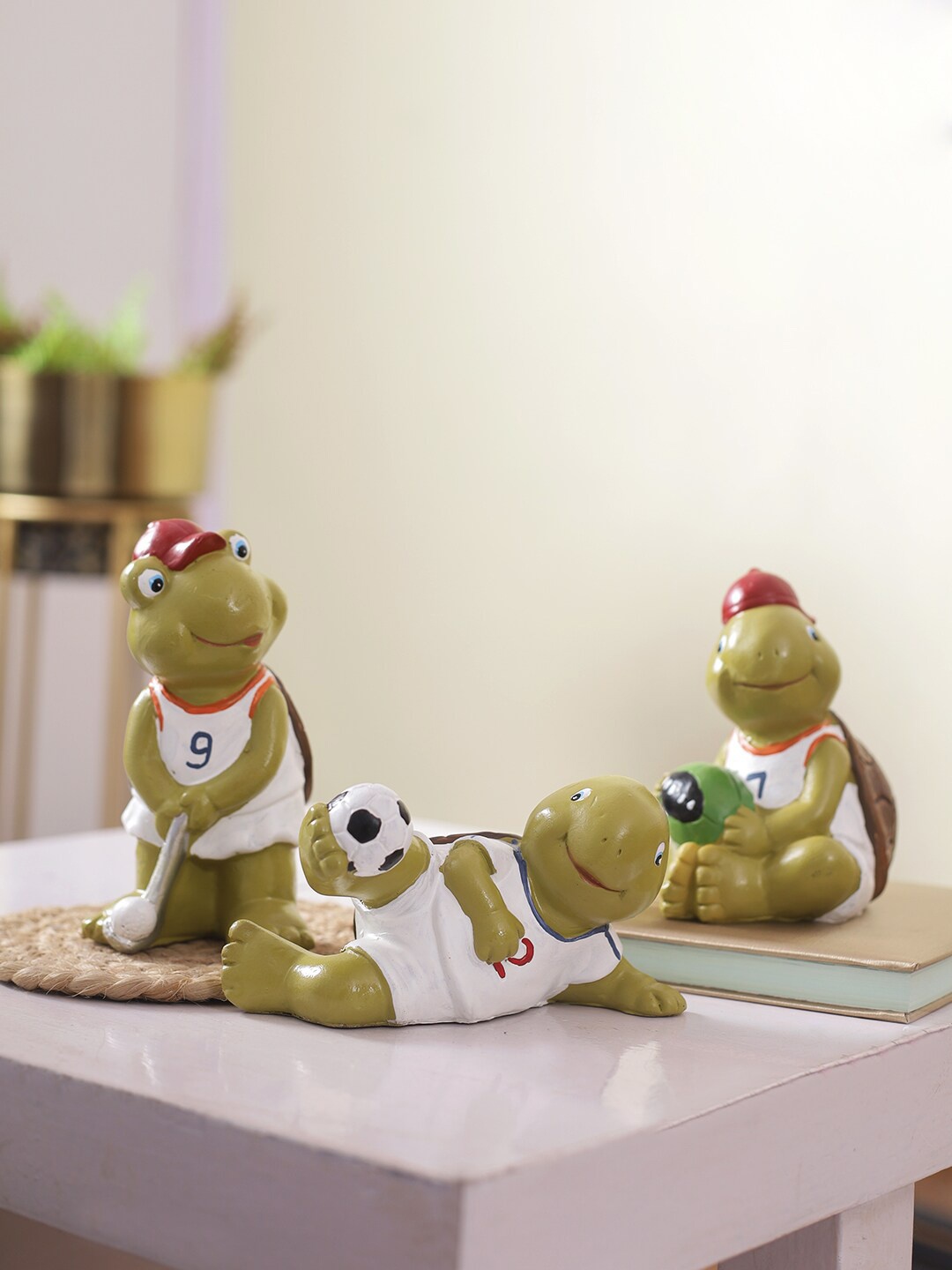 

TAYHAA Set Of 3 White & Olive Green Sports Turtle Showpieces