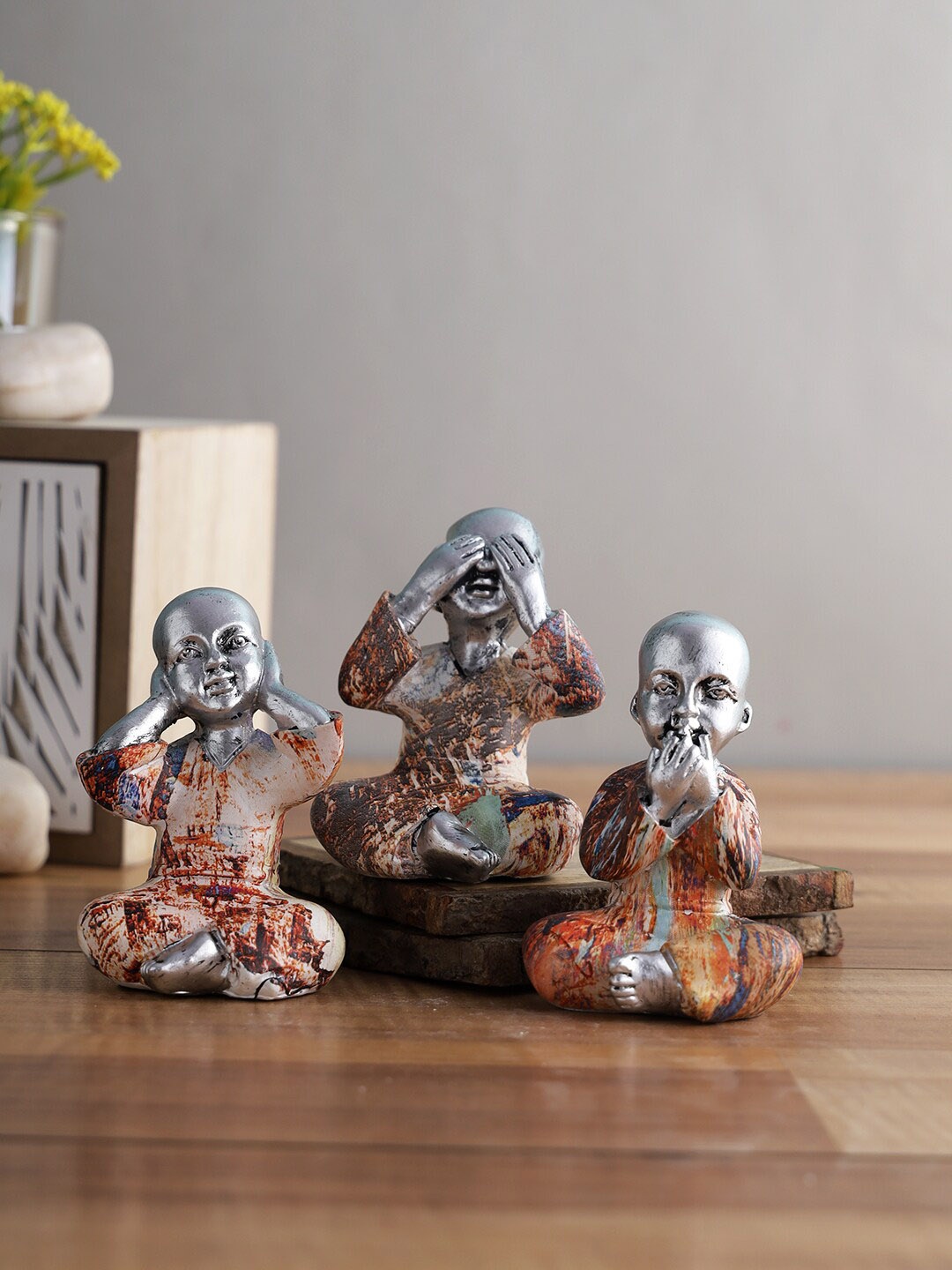 

TAYHAA Set Of 3 Multicolored Polyresin Sliver Face Buddha, Multi