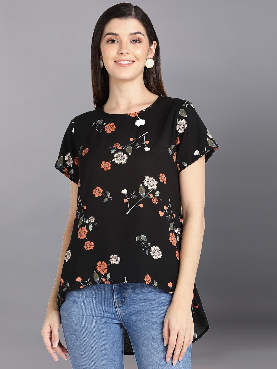 

Fashfun Black Floral Print Extended Sleeves Crepe High-Low Top