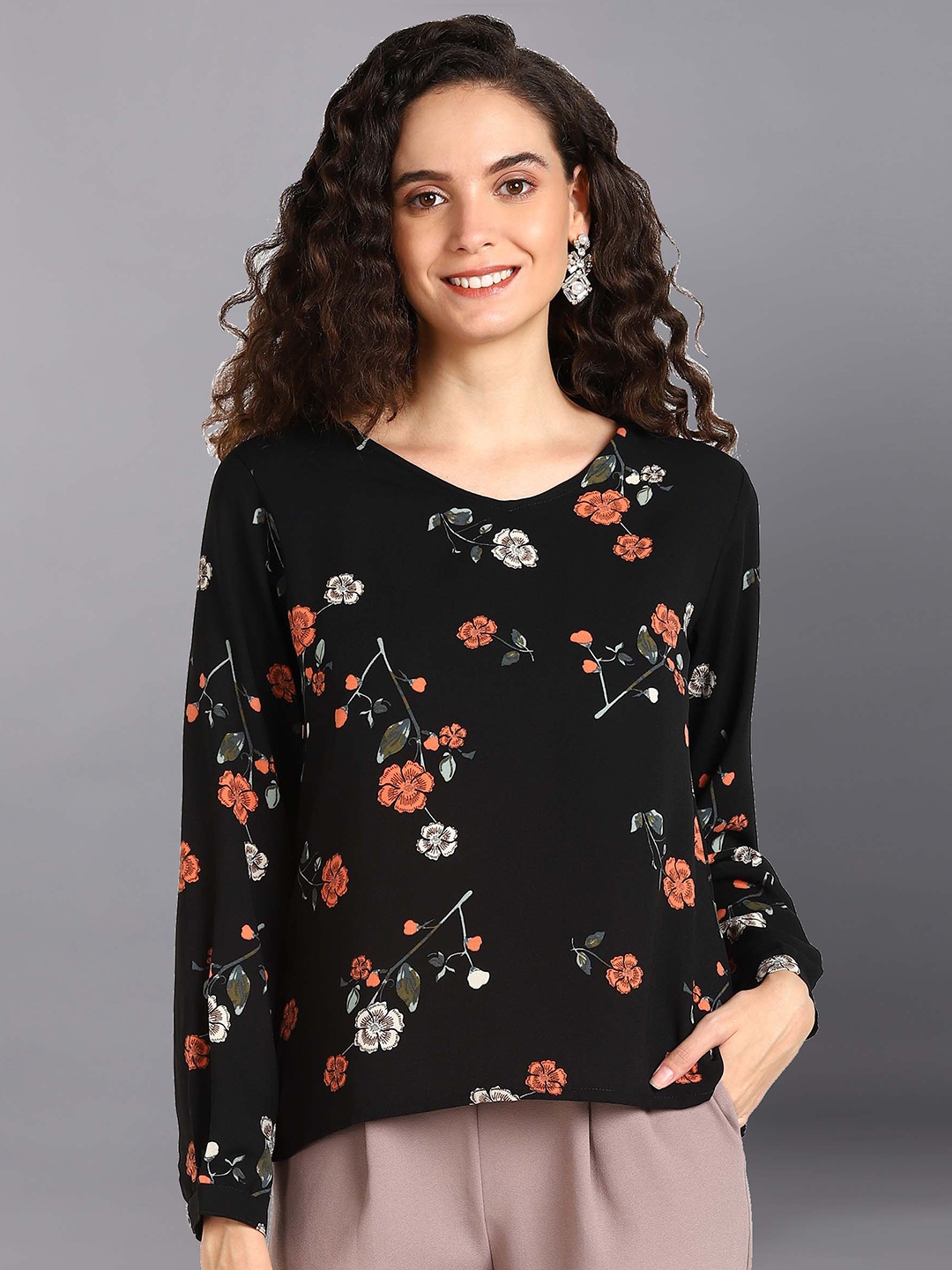 

Fashfun Black Floral Print Crepe Top