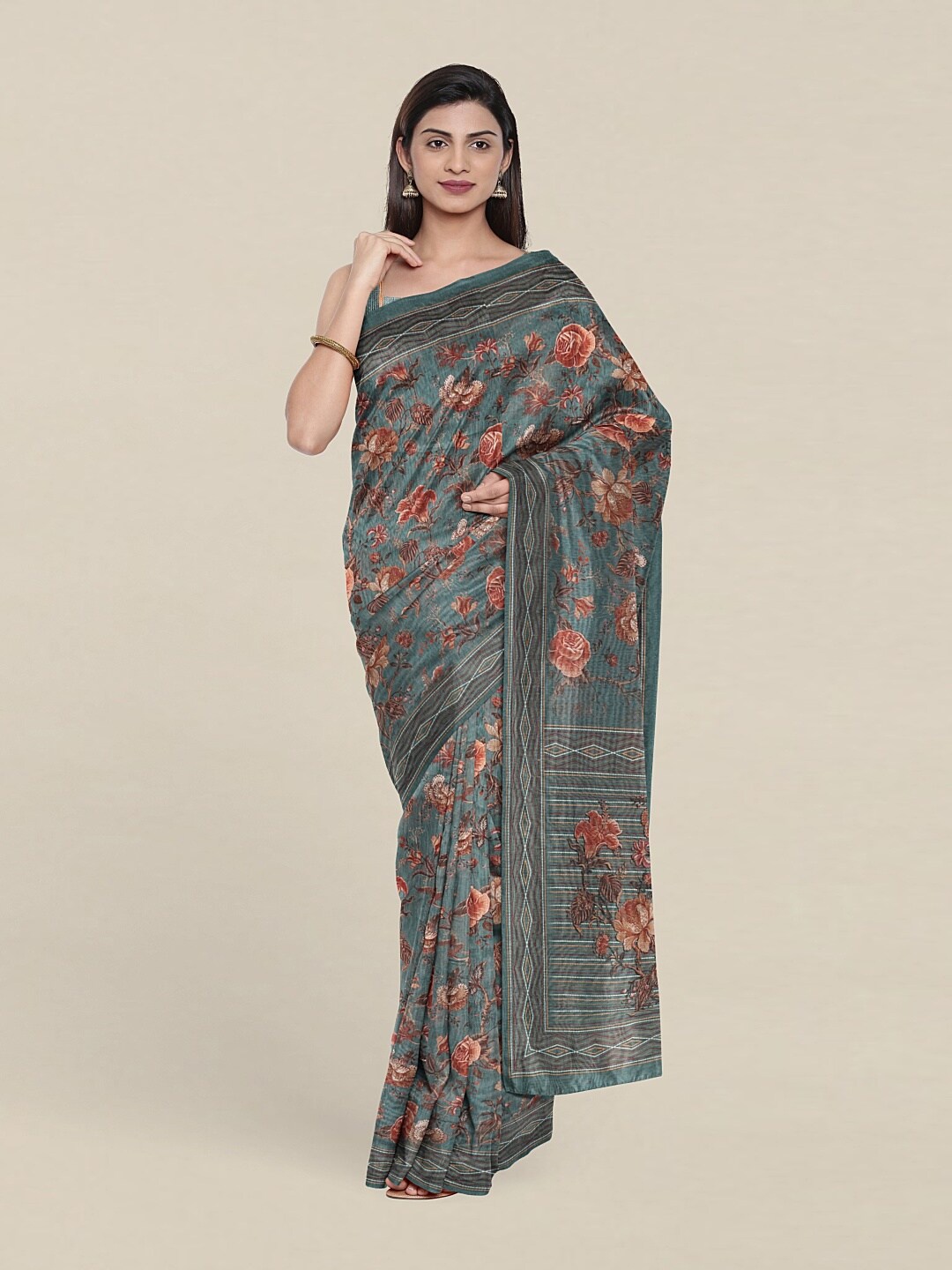 

Pothys Green & Brown Floral Jute Silk Saree