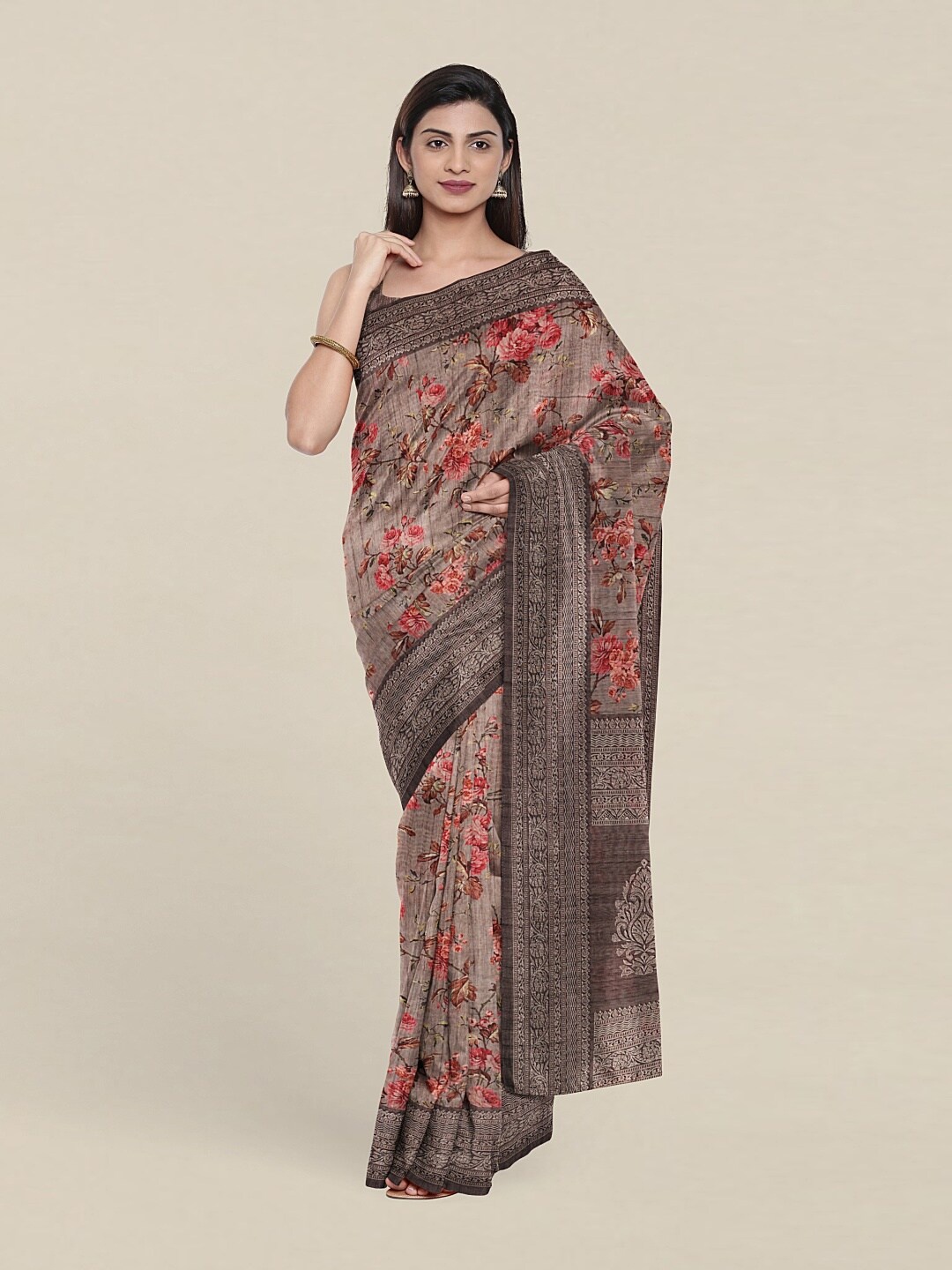 

Pothys Grey & Pink Floral Jute Silk Saree