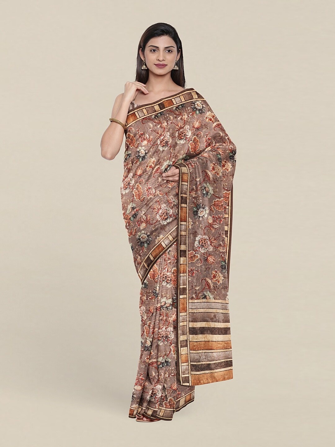 

Pothys Brown & Off White Floral Jute Silk Saree