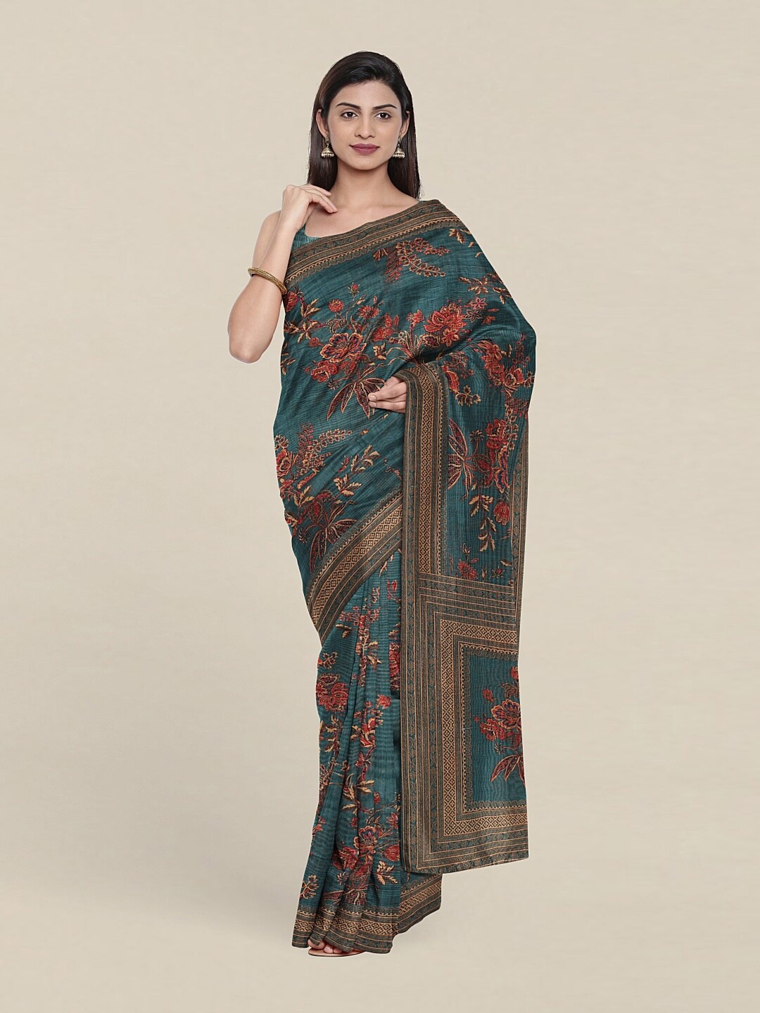 

Pothys Blue & Red Floral Jute Silk Saree