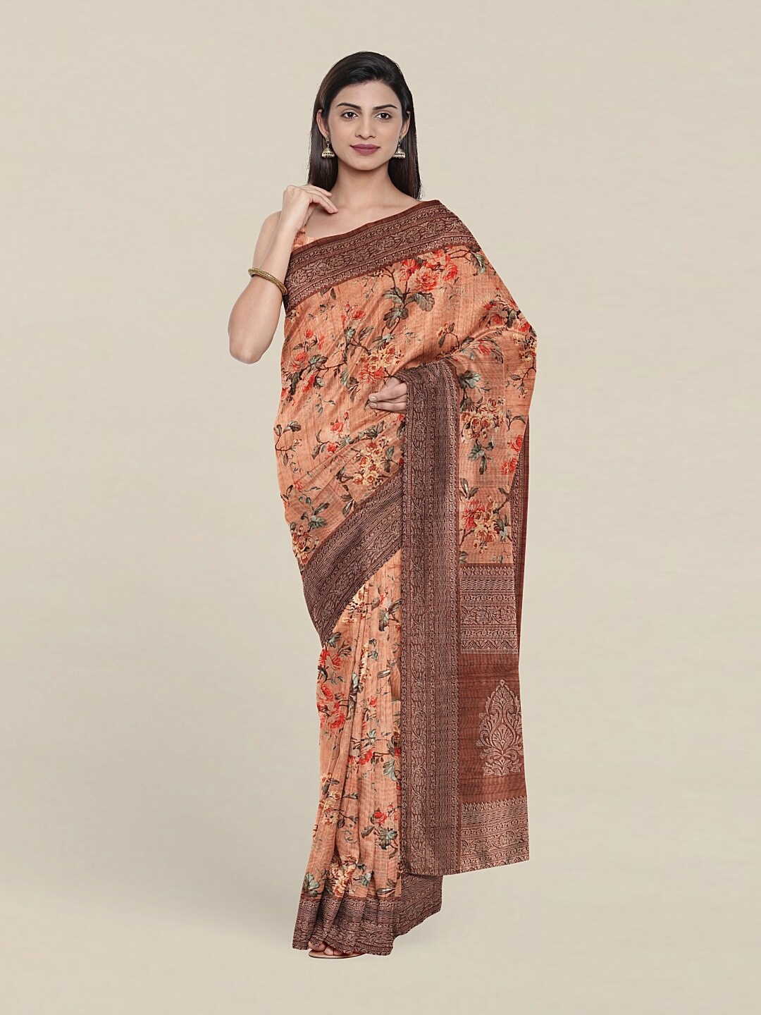 

Pothys Peach-Coloured & Red Floral Jute Silk Saree