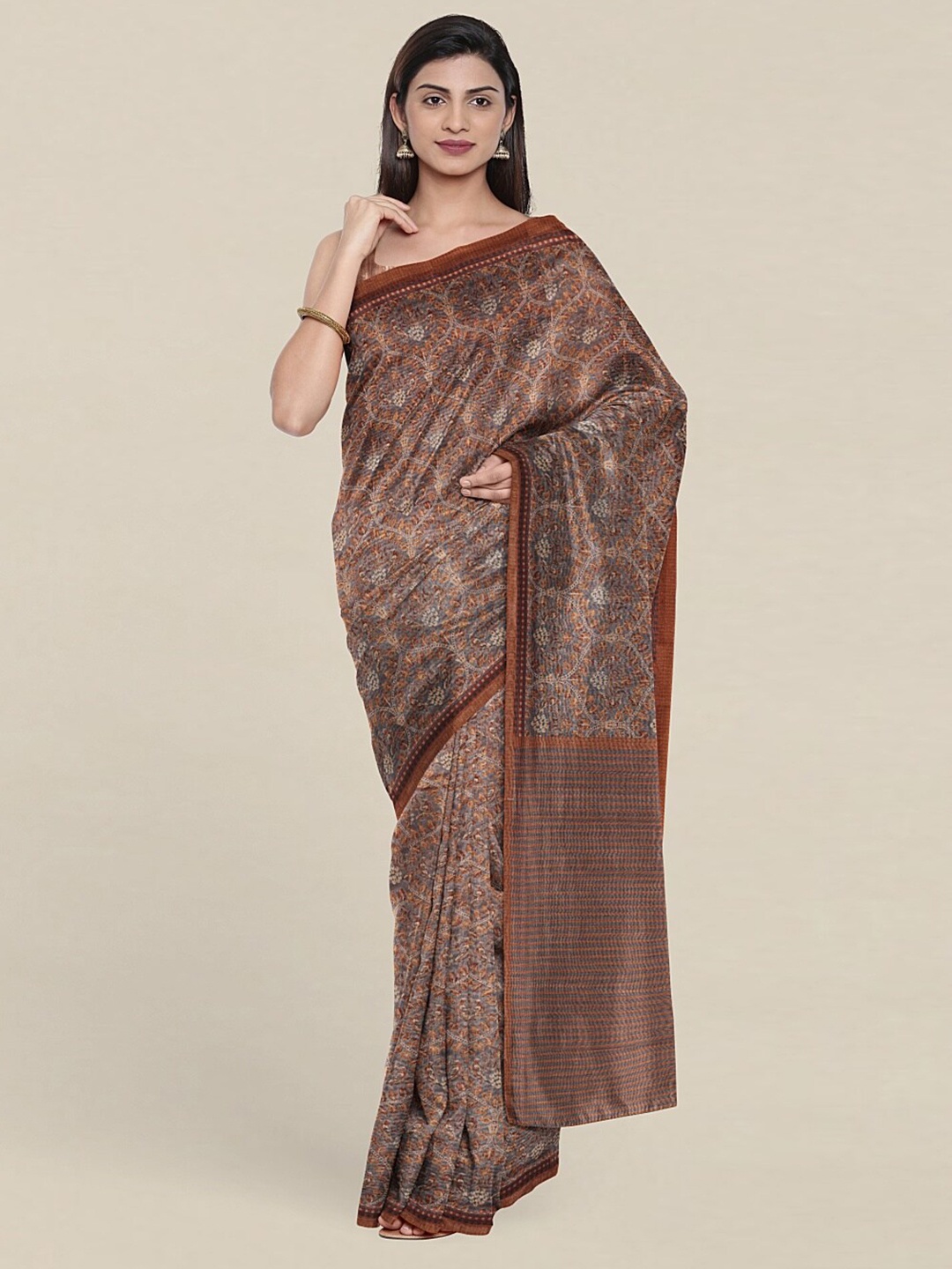 

Pothys Grey & Brown Ethnic Motifs Jute Silk Saree