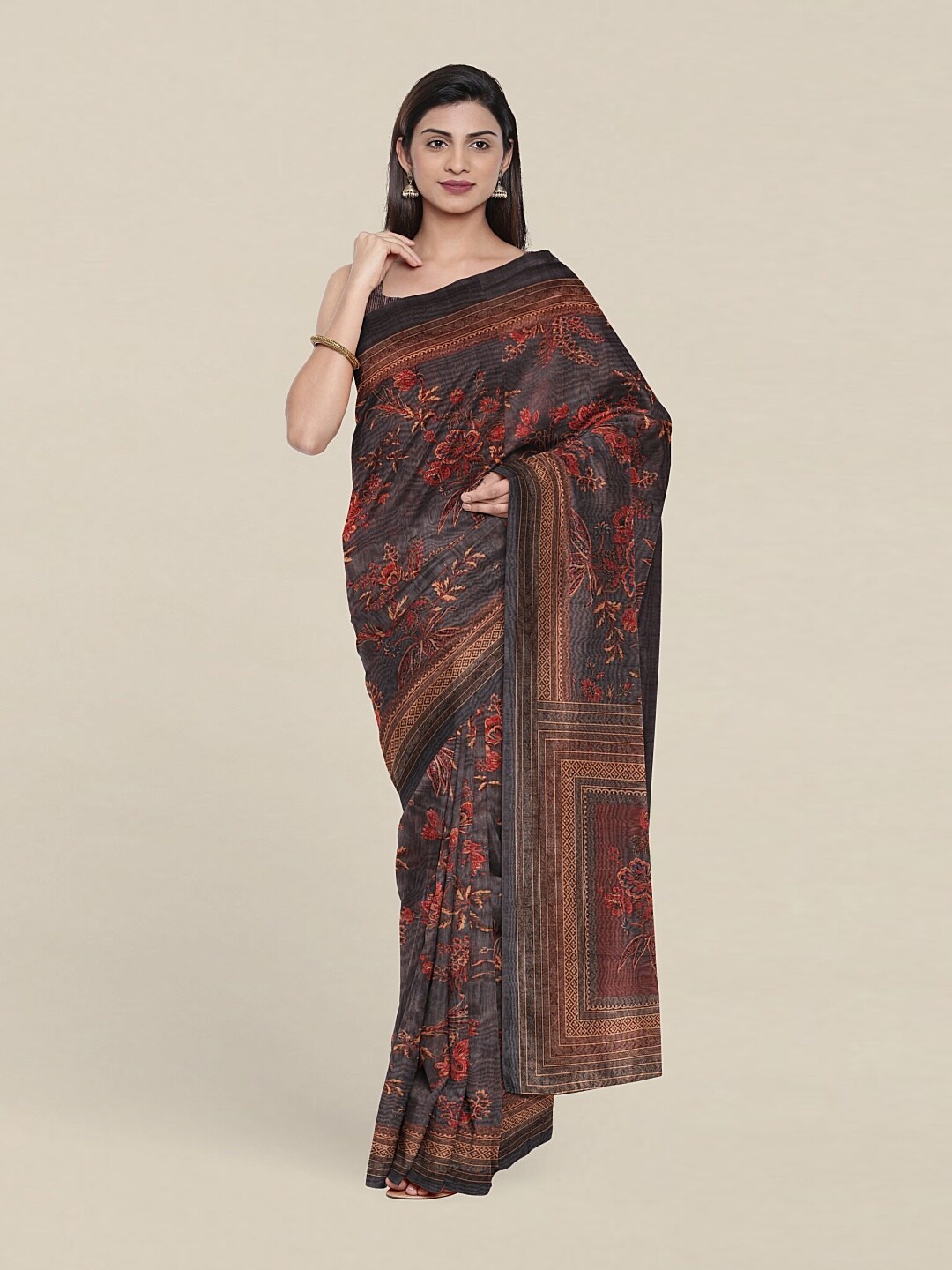 

Pothys Grey & Pink Floral Jute Silk Saree