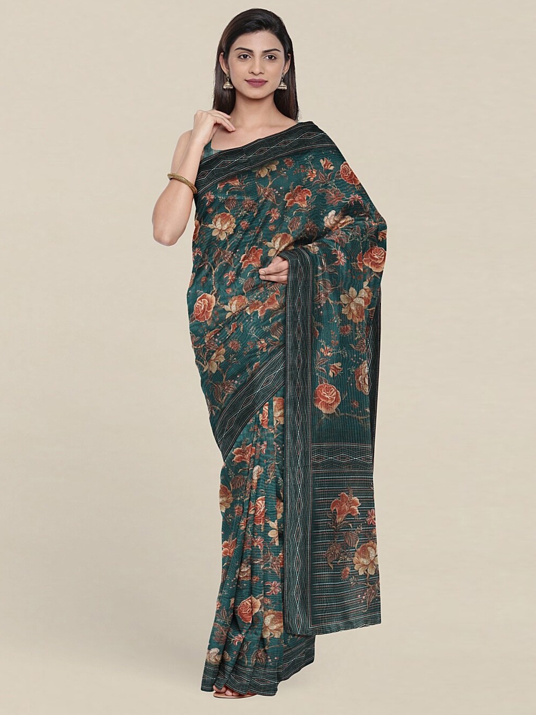 

Pothys Green & Brown Floral Jute Silk Saree