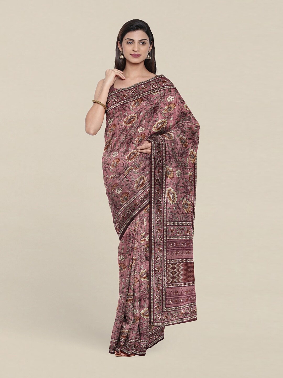 

Pothys Mauve & Cream-Coloured Floral Jute Silk Saree