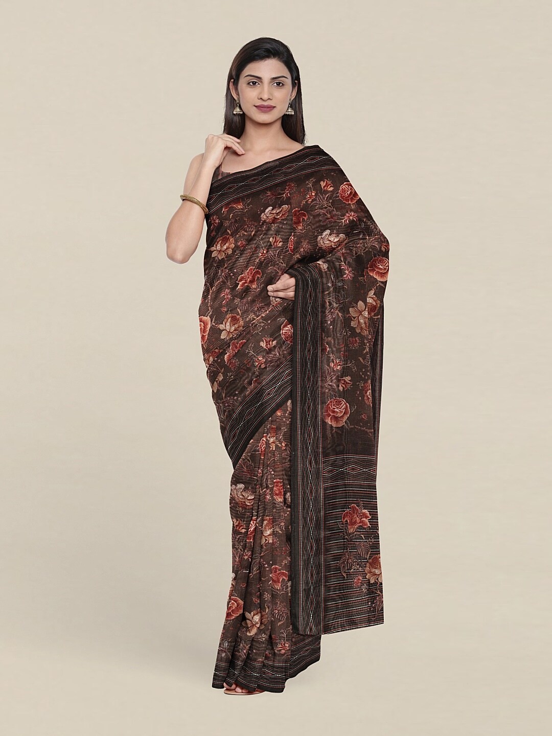 

Pothys Green & Red Floral Jute Silk Saree