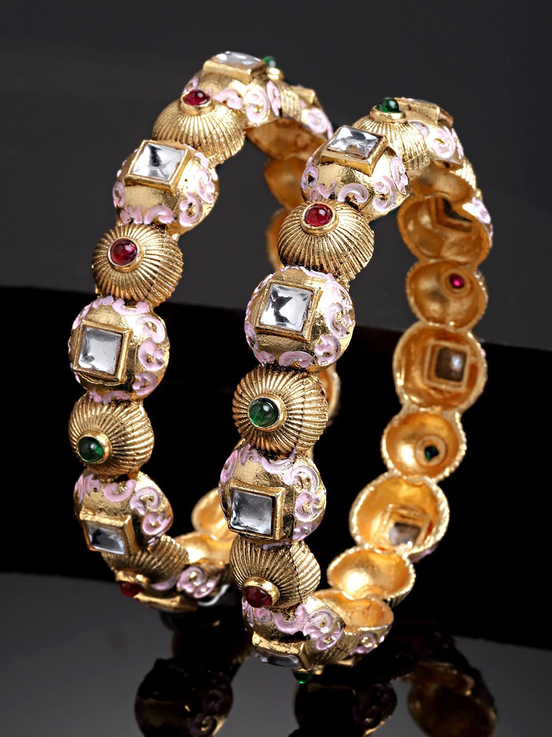 

KARATCART Set Of 2 Gold-Plated Pink Stone-Studded Bangle