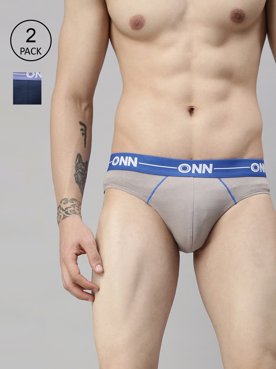 

ONN Men Set Of 2 Grey & Blue Basic Briefs, Grey melange