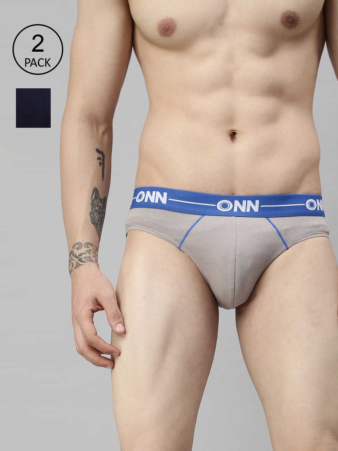 

ONN Men Set Of 2 Grey & Navy Blue Basic Briefs, Grey melange