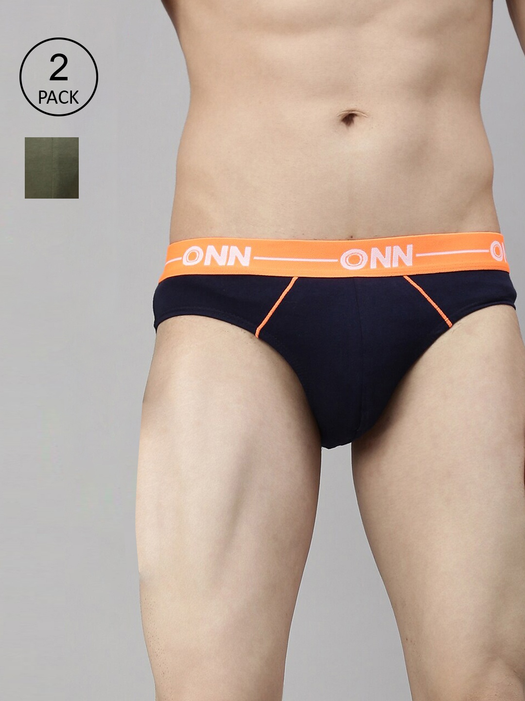 

ONN Men Pack Of 2 Navy Blue & Olive Green Solid Basic Briefs