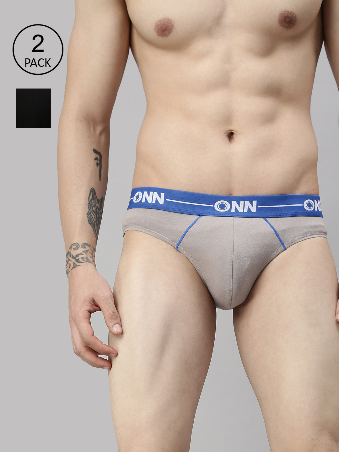 

ONN Men Pack Of 2 Black & Light Grey Solid Basic Briefs