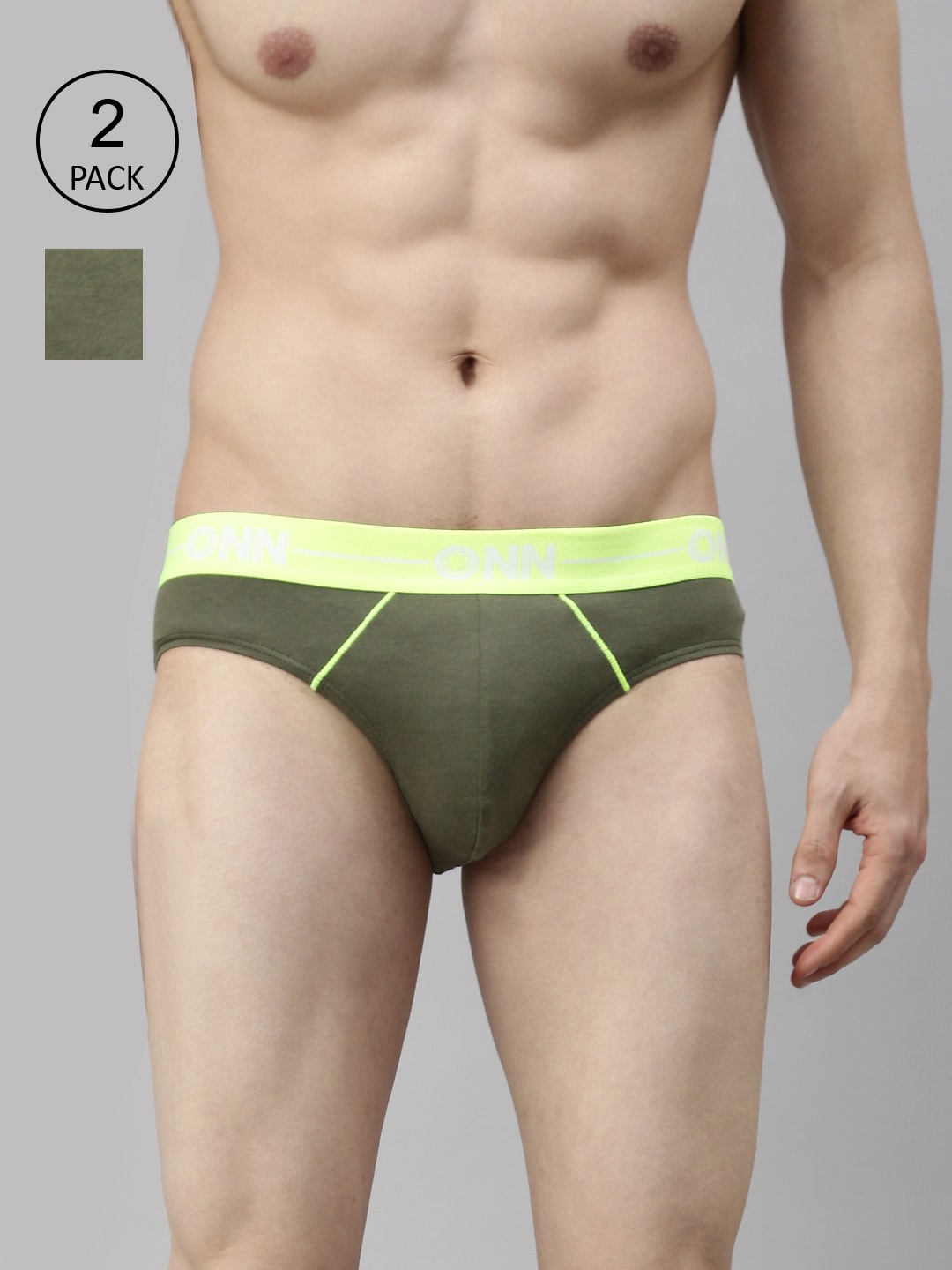 

ONN Men Pack Of 2 Olive Solid Cotton Briefs