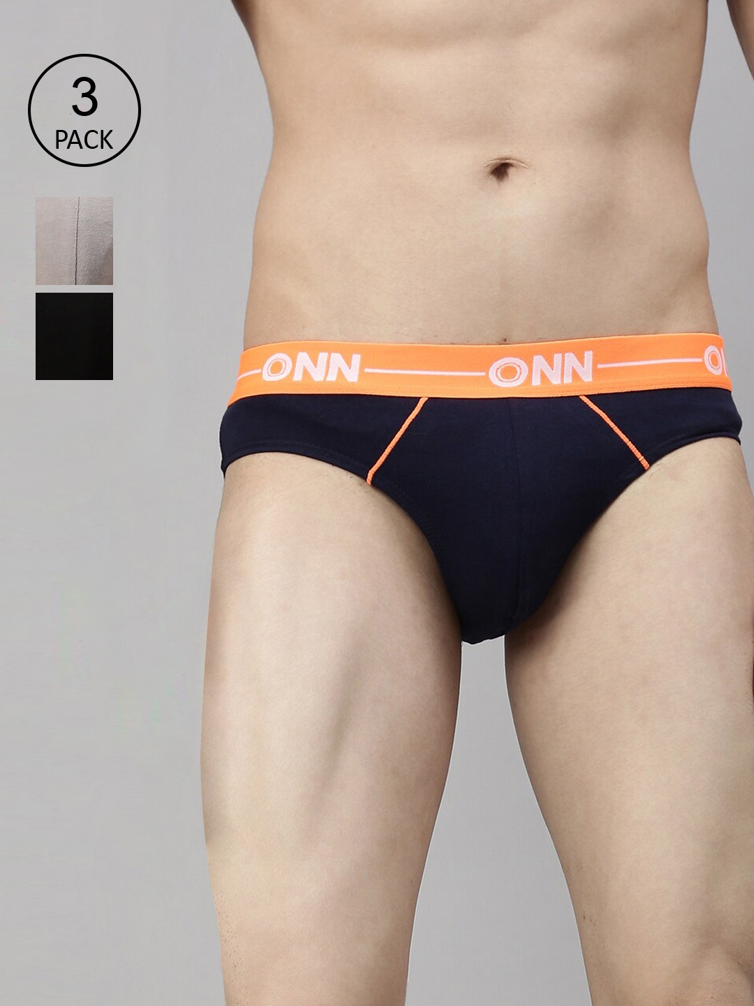 

ONN Men Pack Of 3 Black & Navy-Blue Solid Cotton Basic Briefs