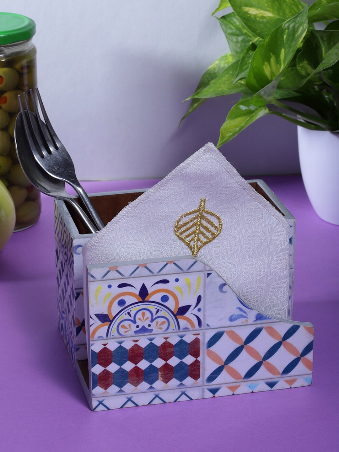 

ROMEE White & Blue Printed Wooden Cutlery & Tissue holder