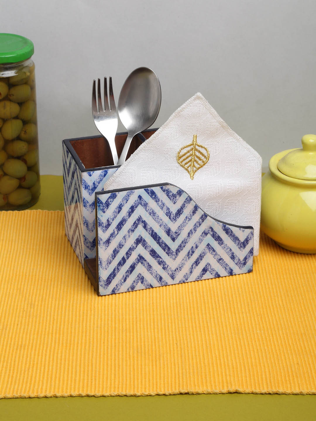 

ROMEE Blue Printed Cutlery Holder For Dining Table Decor with Tissue Paper Holder
