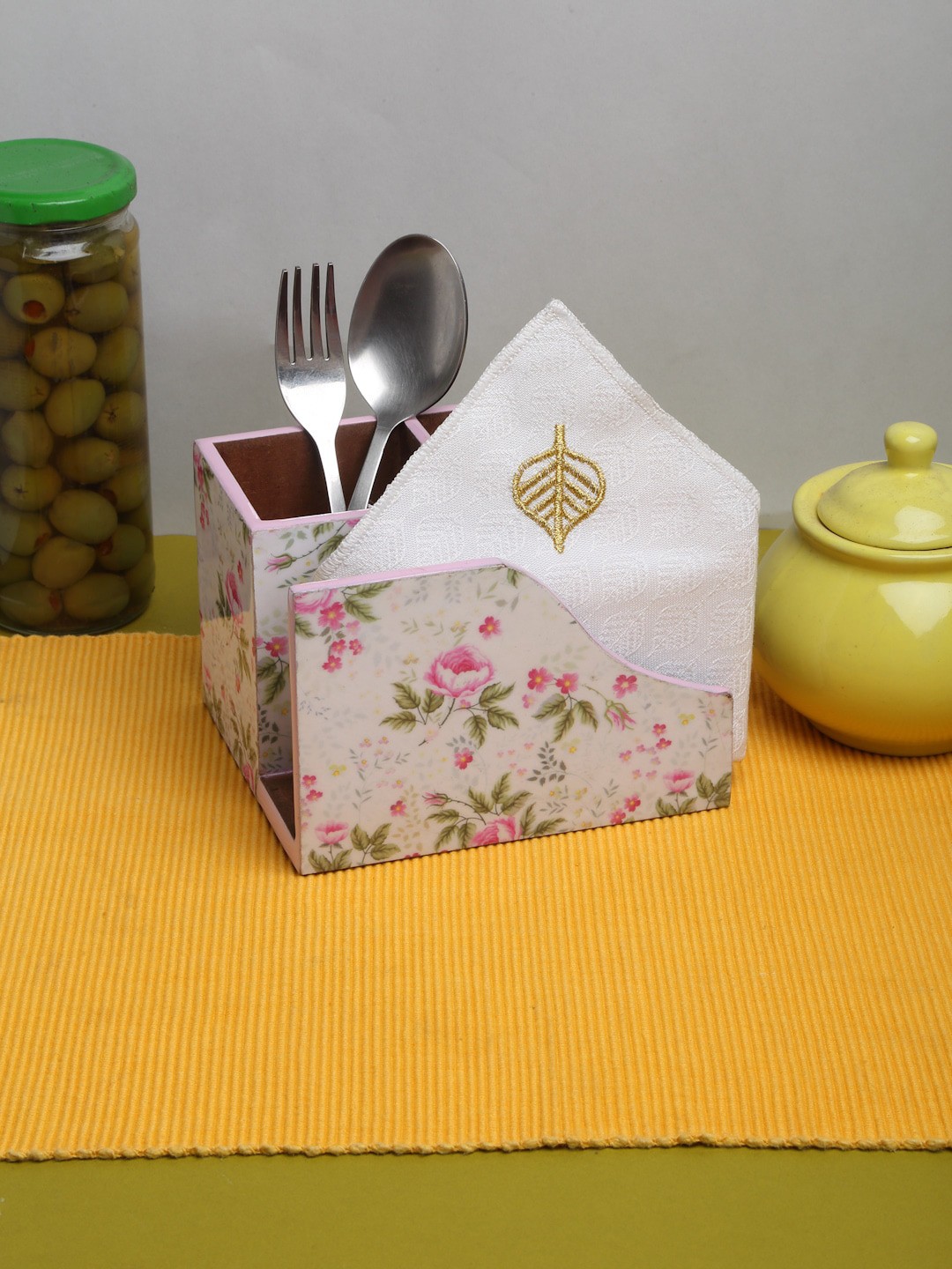 

ROMEE White Printed Cutlery Holder For Dining Table Decor with Tissue Paper Holder