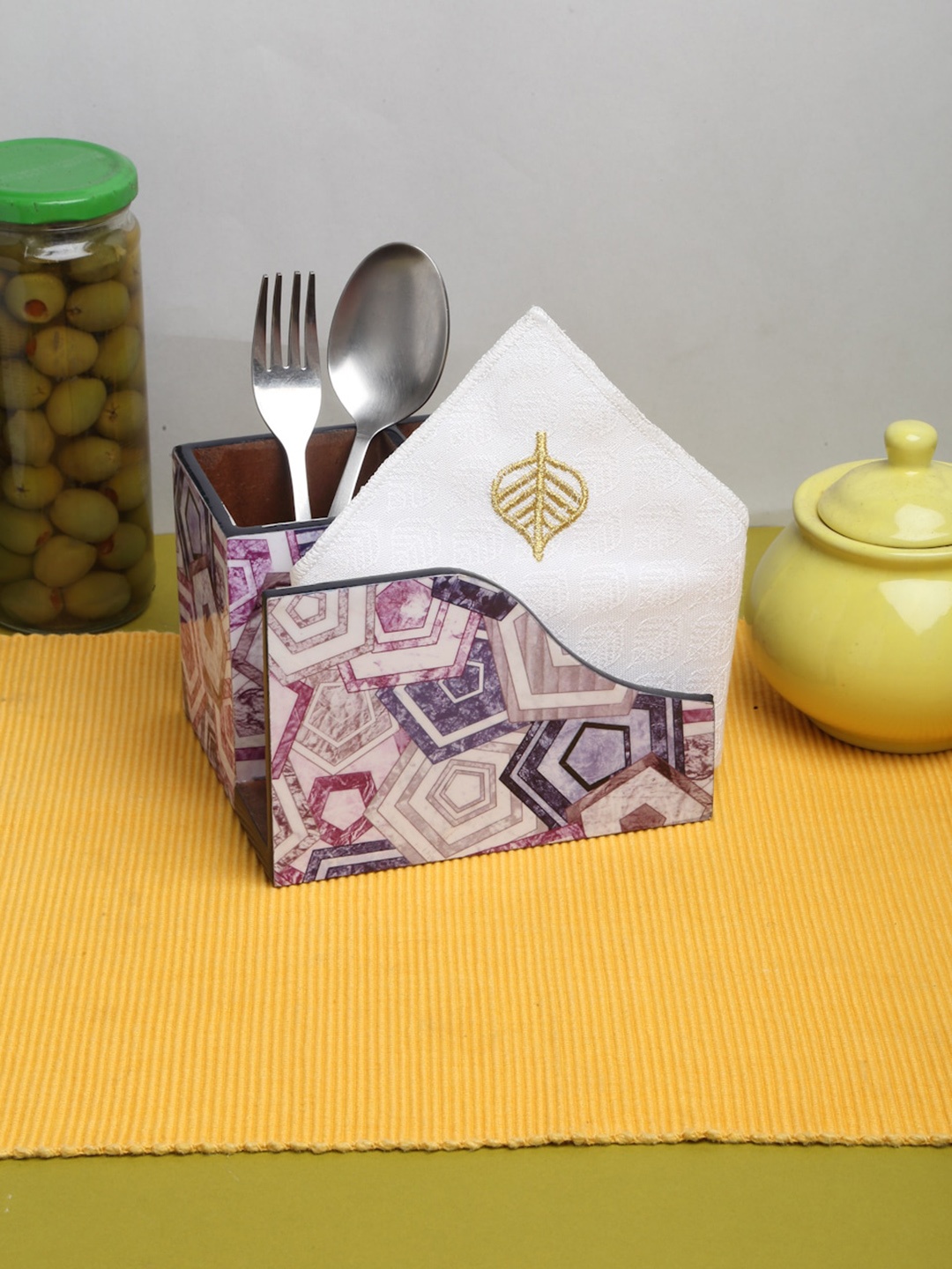 

ROMEE White & Purple Printed Wooden Cutlery Holder with Tissue Paper Holder