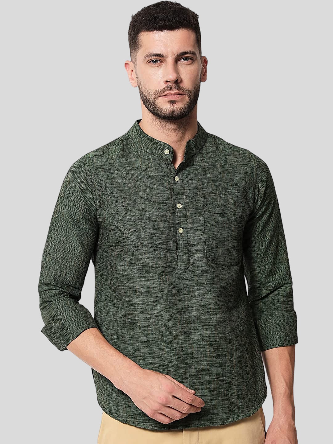 

Vastraa Fusion Mandarin Collar Pure Cotton Kurta, Green