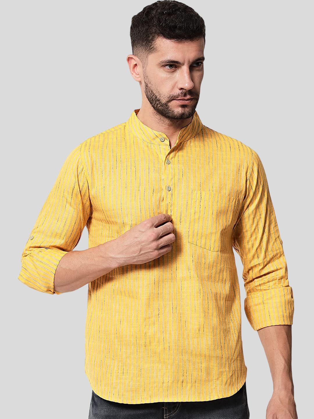 

Vastraa Fusion Vertical Striped Pure Cotton Kurta, Yellow