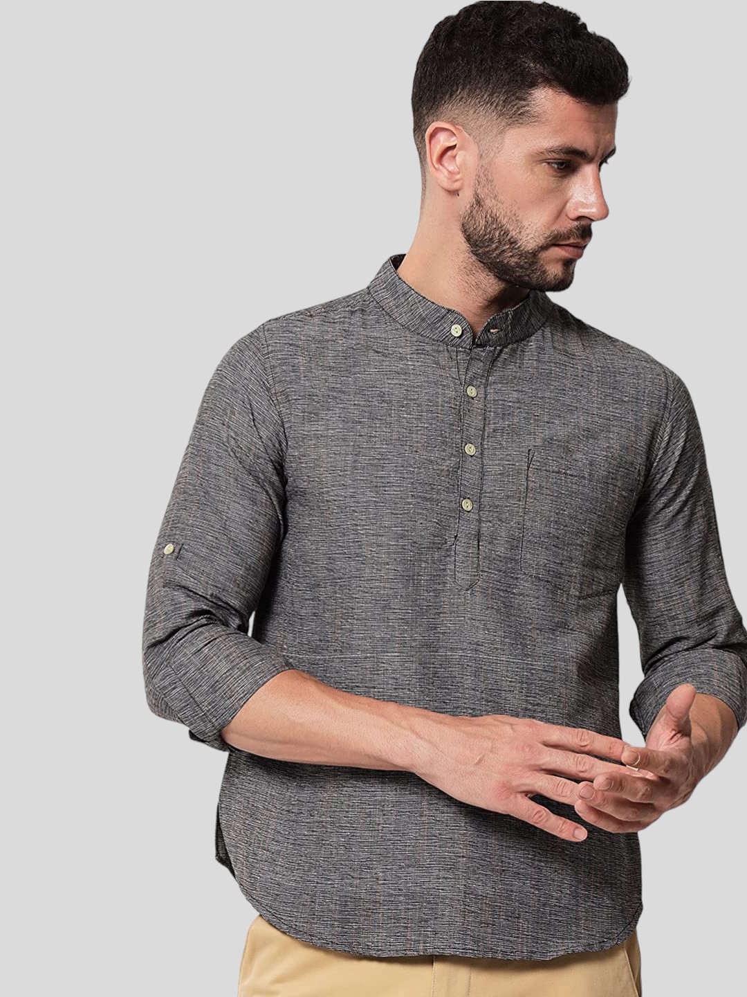 

Vastraa Fusion Band Collar Roll-Up Sleeves Pure Cotton Kurta, Grey