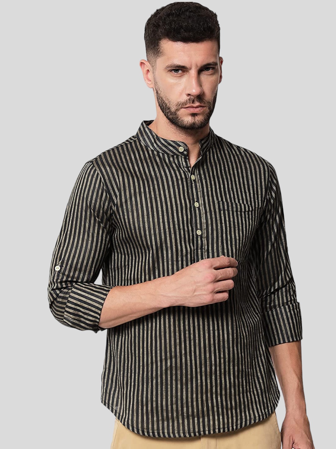 

Vastraa Fusion Vertical Striped Mandarin Collar Pure Cotton Kurta, Black