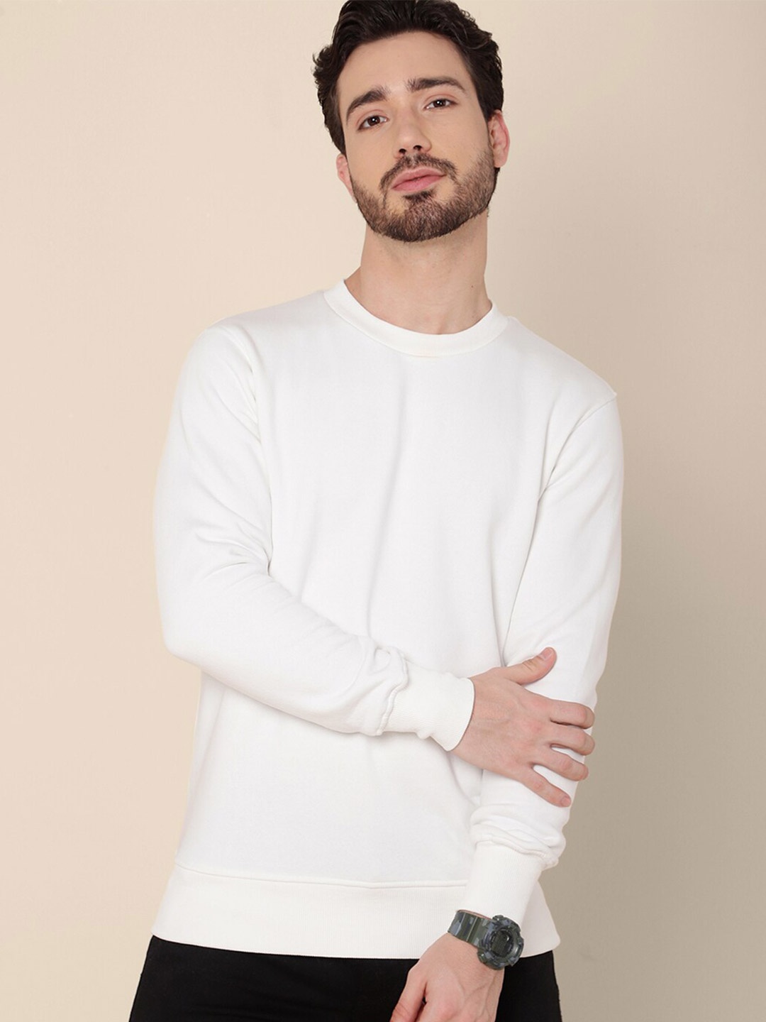 

Free Authority Men Off White Solid Sweatshirt