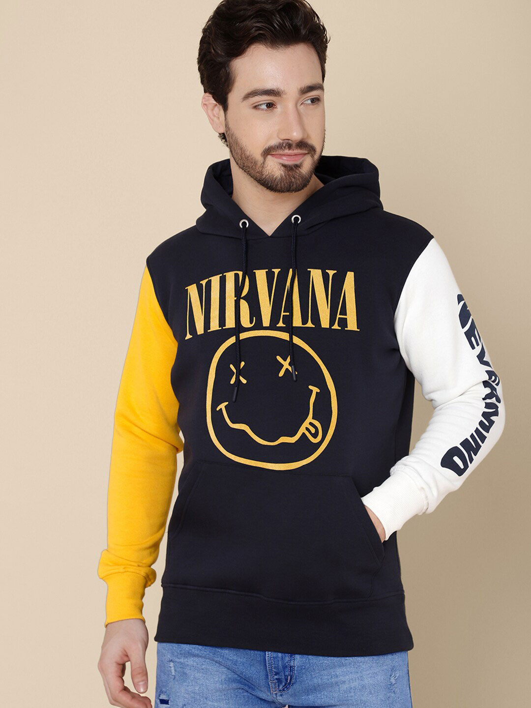 

Free Authority Men Navy Blue Nirvana Print Hooded Sweatshirt