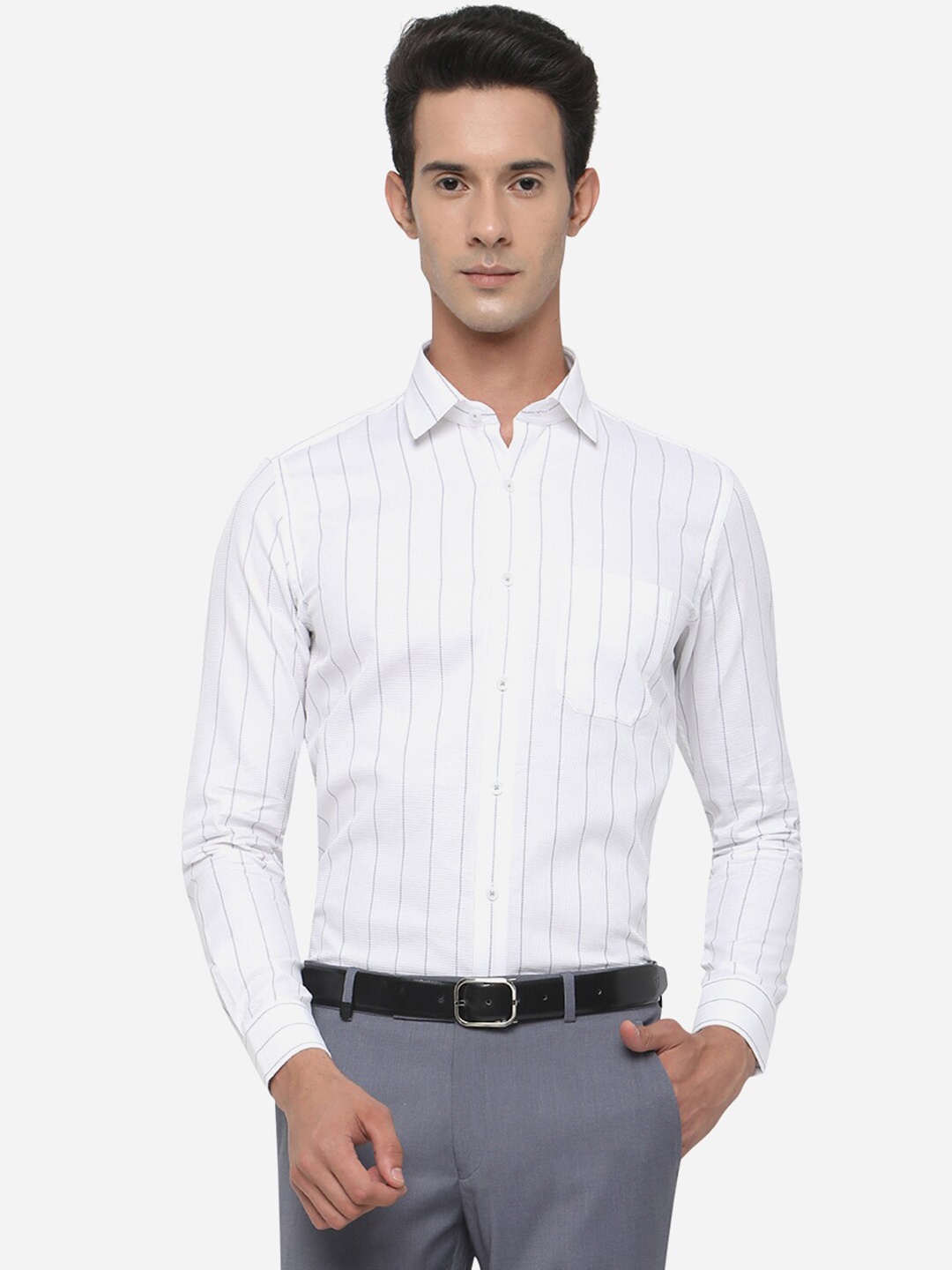 

JADE BLUE Men Grey Slim Fit Striped Formal Shirt