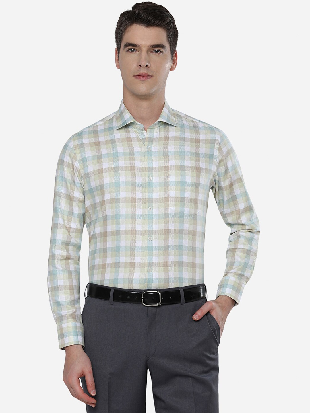

JADE BLUE Men Beige Slim Fit Checked Formal Shirt