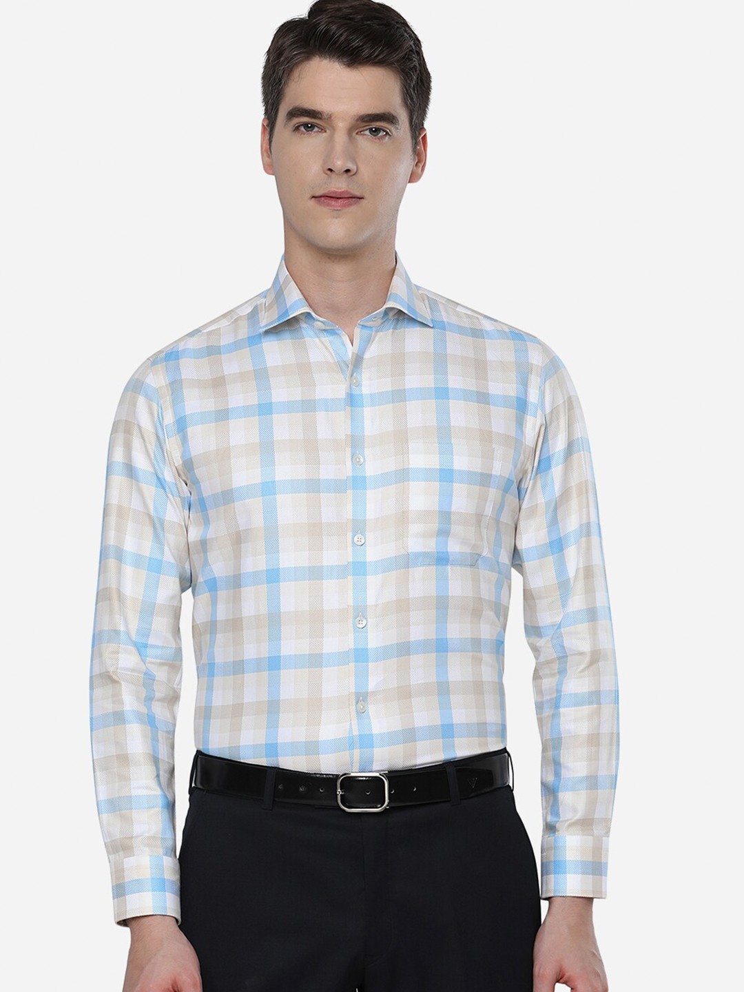 

JADE BLUE Men Beige Slim Fit Tartan Checks Checked Formal Shirt